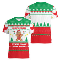 Funny Fitness Cookie Christmas Women V-Neck T-Shirt with Gingerbread Design and Holiday Pattern - Wonder Print Shop