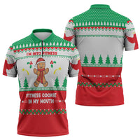 Funny Fitness Cookie Christmas Zipper Polo Shirt with Gingerbread Design and Holiday Pattern - Wonder Print Shop