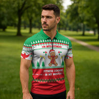 Funny Fitness Cookie Christmas Zipper Polo Shirt with Gingerbread Design and Holiday Pattern - Wonder Print Shop