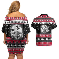 Fa La La La Snowman Tree Xmas Christmas Couples Matching Off Shoulder Short Dress and Hawaiian Shirt Xmas Holiday Patterns - Wonder Print Shop