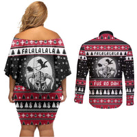 Fa La La La Snowman Tree Xmas Christmas Couples Matching Off Shoulder Short Dress and Long Sleeve Button Shirt Xmas Holiday Patterns - Wonder Print Shop