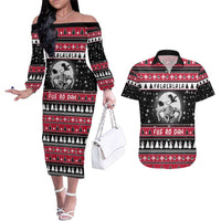 Fa La La La Snowman Tree Xmas Christmas Couples Matching Off The Shoulder Long Sleeve Dress and Hawaiian Shirt Xmas Holiday Patterns - Wonder Print Shop