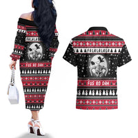 Fa La La La Snowman Tree Xmas Christmas Couples Matching Off The Shoulder Long Sleeve Dress and Hawaiian Shirt Xmas Holiday Patterns - Wonder Print Shop
