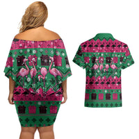 Firefighter Presents Christmas Couples Matching Off Shoulder Short Dress and Hawaiian Shirt Xmas Holiday Patterns - Wonder Print Shop