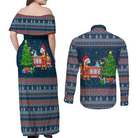 Flamingle Bells Xmas Christmas Couples Matching Off Shoulder Maxi Dress and Long Sleeve Button Shirt Xmas Holiday Patterns - Wonder Print Shop