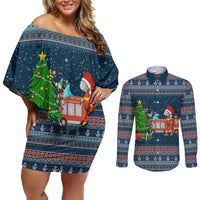 Flamingle Bells Xmas Christmas Couples Matching Off Shoulder Short Dress and Long Sleeve Button Shirt Xmas Holiday Patterns - Wonder Print Shop