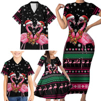 Flamingo Couple Christmas Family Matching Short Sleeve Bodycon Dress and Hawaiian Shirt Xmas Holiday Patterns - Wonder Print Shop