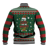 Too Cute For The Naughty List Christmas Baseball Jacket Xmas Holiday Patterns - Wonder Print Shop