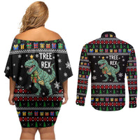 Tree Rex Christmas Couples Matching Off Shoulder Short Dress and Long Sleeve Button Shirt Xmas Holiday Patterns - Wonder Print Shop