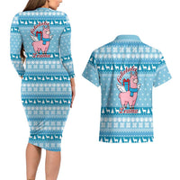 Pink Llama Christmas Couples Matching Long Sleeve Bodycon Dress and Hawaiian Shirt Xmas Holiday Patterns - Wonder Print Shop