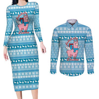 Pink Llama Christmas Couples Matching Long Sleeve Bodycon Dress and Long Sleeve Button Shirt Xmas Holiday Patterns - Wonder Print Shop