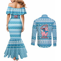 Pink Llama Christmas Couples Matching Mermaid Dress and Long Sleeve Button Shirt Xmas Holiday Patterns - Wonder Print Shop