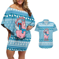 Pink Llama Christmas Couples Matching Off Shoulder Short Dress and Hawaiian Shirt Xmas Holiday Patterns - Wonder Print Shop