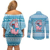 Pink Llama Christmas Couples Matching Off Shoulder Short Dress and Long Sleeve Button Shirt Xmas Holiday Patterns - Wonder Print Shop