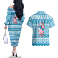 Pink Llama Christmas Couples Matching Off The Shoulder Long Sleeve Dress and Hawaiian Shirt Xmas Holiday Patterns - Wonder Print Shop
