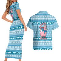Pink Llama Christmas Couples Matching Short Sleeve Bodycon Dress and Hawaiian Shirt Xmas Holiday Patterns - Wonder Print Shop