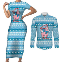 Pink Llama Christmas Couples Matching Short Sleeve Bodycon Dress and Long Sleeve Button Shirt Xmas Holiday Patterns - Wonder Print Shop