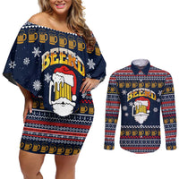Santa Beerd Christmas Couples Matching Off Shoulder Short Dress and Long Sleeve Button Shirt Xmas Holiday Patterns - Wonder Print Shop