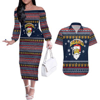 Santa Beerd Christmas Couples Matching Off The Shoulder Long Sleeve Dress and Hawaiian Shirt Xmas Holiday Patterns - Wonder Print Shop
