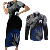 Black And White Aboriginal - Torres Strait Islanders Flag Couples Matching Short Sleeve Bodycon Dress and Long Sleeve Button Shirt - Wonder Print Shop