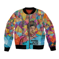 Ida B. Wells Bomber Jacket with Colorful Patchwork Pattern Design Confident Portrait Civil Rights and Journalism Tribute - Wonder Print Shop
