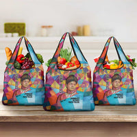 Ida B. Wells Grocery Bag with Colorful Patchwork Pattern Design Confident Portrait Civil Rights and Journalism Tribute - Wonder Print Shop