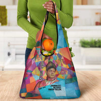 Ida B. Wells Grocery Bag with Colorful Patchwork Pattern Design Confident Portrait Civil Rights and Journalism Tribute - Wonder Print Shop