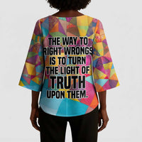 Ida B. Wells Kimono Sleeve Blouse with Colorful Patchwork Pattern Design Confident Portrait Civil Rights and Journalism Tribute - Wonder Print Shop