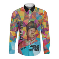 Ida B. Wells Long Sleeve Button Shirt with Colorful Patchwork Pattern Design Confident Portrait Civil Rights and Journalism Tribute - Wonder Print Shop