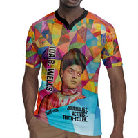 Ida B. Wells Rugby Jersey with Colorful Patchwork Pattern Design Confident Portrait Civil Rights and Journalism Tribute - Wonder Print Shop