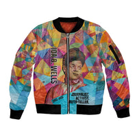 Ida B. Wells Sleeve Zip Bomber Jacket with Colorful Patchwork Pattern Design Confident Portrait Civil Rights and Journalism Tribute - Wonder Print Shop