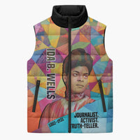 Ida B. Wells Sleeveless Puffer Jacket with Colorful Patchwork Pattern Design Confident Portrait Civil Rights and Journalism Tribute - Wonder Print Shop