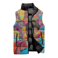 Ida B. Wells Sleeveless Puffer Jacket with Colorful Patchwork Pattern Design Confident Portrait Civil Rights and Journalism Tribute - Wonder Print Shop