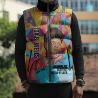Ida B. Wells Sleeveless Puffer Jacket with Colorful Patchwork Pattern Design Confident Portrait Civil Rights and Journalism Tribute - Wonder Print Shop
