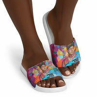 Ida B. Wells Slide Sandals with Colorful Patchwork Pattern Design Confident Portrait Civil Rights and Journalism Tribute - Wonder Print Shop