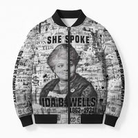 Ida B. Wells Bomber Puffer Jacket with Newspaper Collage Design Powerful Portrait Civil Rights and Free Press Tribute - Wonder Print Shop