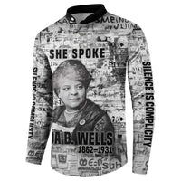 Ida B. Wells Button Sweatshirt with Newspaper Collage Design Powerful Portrait Civil Rights and Free Press Tribute