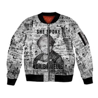 Ida B. Wells Sleeve Zip Bomber Jacket with Newspaper Collage Design Powerful Portrait Civil Rights and Free Press Tribute - Wonder Print Shop