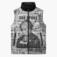 Ida B. Wells Sleeveless Puffer Jacket with Newspaper Collage Design Powerful Portrait Civil Rights and Free Press Tribute - Wonder Print Shop