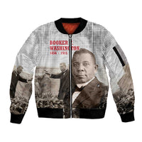 Booker T. Washington Sleeve Zip Bomber Jacket Halftone Portrait Design Tilling a Field Quote Historical Civil Rights Tribute - Wonder Print Shop