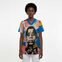 James Baldwin Scrub Top Colorful Graffiti Style Portrait The Fire Next Time Text Bold Civil Rights Tribute - Wonder Print Shop