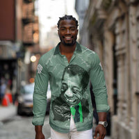 James Baldwin Long Sleeve Button Shirt Green Handwritten Script Design Smiling Portrait Civil Rights and Literature - Wonder Print Shop