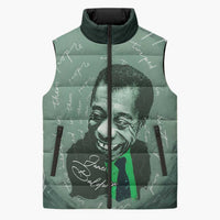 James Baldwin Sleeveless Puffer Jacket Green Handwritten Script Design Smiling Portrait Civil Rights and Literature - Wonder Print Shop