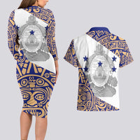 Honduras Couples Matching Long Sleeve Bodycon Dress and Hawaiian Shirt National Emblem Blended with Traditional Patterns - Cultural Heritage Design