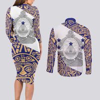 Honduras Couples Matching Long Sleeve Bodycon Dress and Long Sleeve Button Shirt National Emblem Blended with Traditional Patterns - Cultural Heritage Design