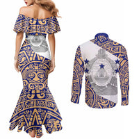 Honduras Couples Matching Mermaid Dress and Long Sleeve Button Shirt National Emblem Blended with Traditional Patterns - Cultural Heritage Design