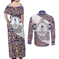 Honduras Couples Matching Off Shoulder Maxi Dress and Long Sleeve Button Shirt National Emblem Blended with Traditional Patterns - Cultural Heritage Design