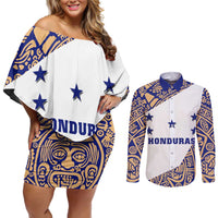 Honduras Couples Matching Off Shoulder Short Dress and Long Sleeve Button Shirt National Emblem Blended with Traditional Patterns - Cultural Heritage Design