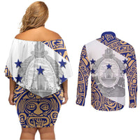 Honduras Couples Matching Off Shoulder Short Dress and Long Sleeve Button Shirt National Emblem Blended with Traditional Patterns - Cultural Heritage Design