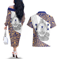 Honduras Couples Matching Off The Shoulder Long Sleeve Dress and Hawaiian Shirt National Emblem Blended with Traditional Patterns - Cultural Heritage Design
